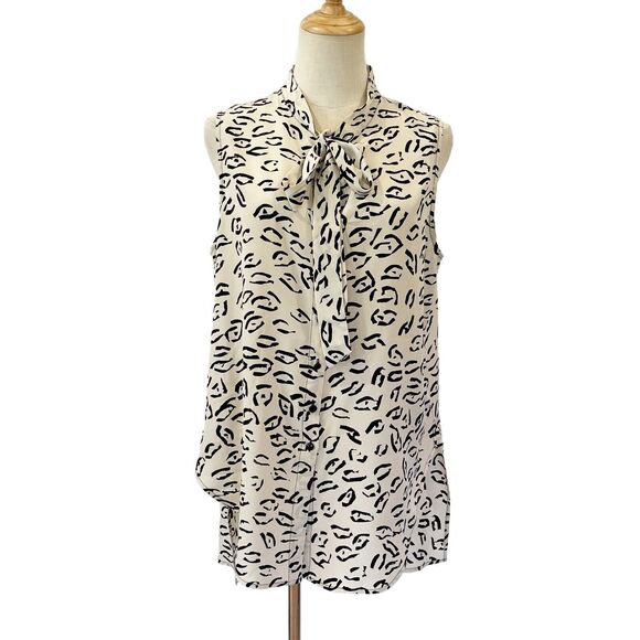Tracy Reese Animal Print Blouse Sleeveless Neck Tie Medium Button Front - Picture 2 of 5